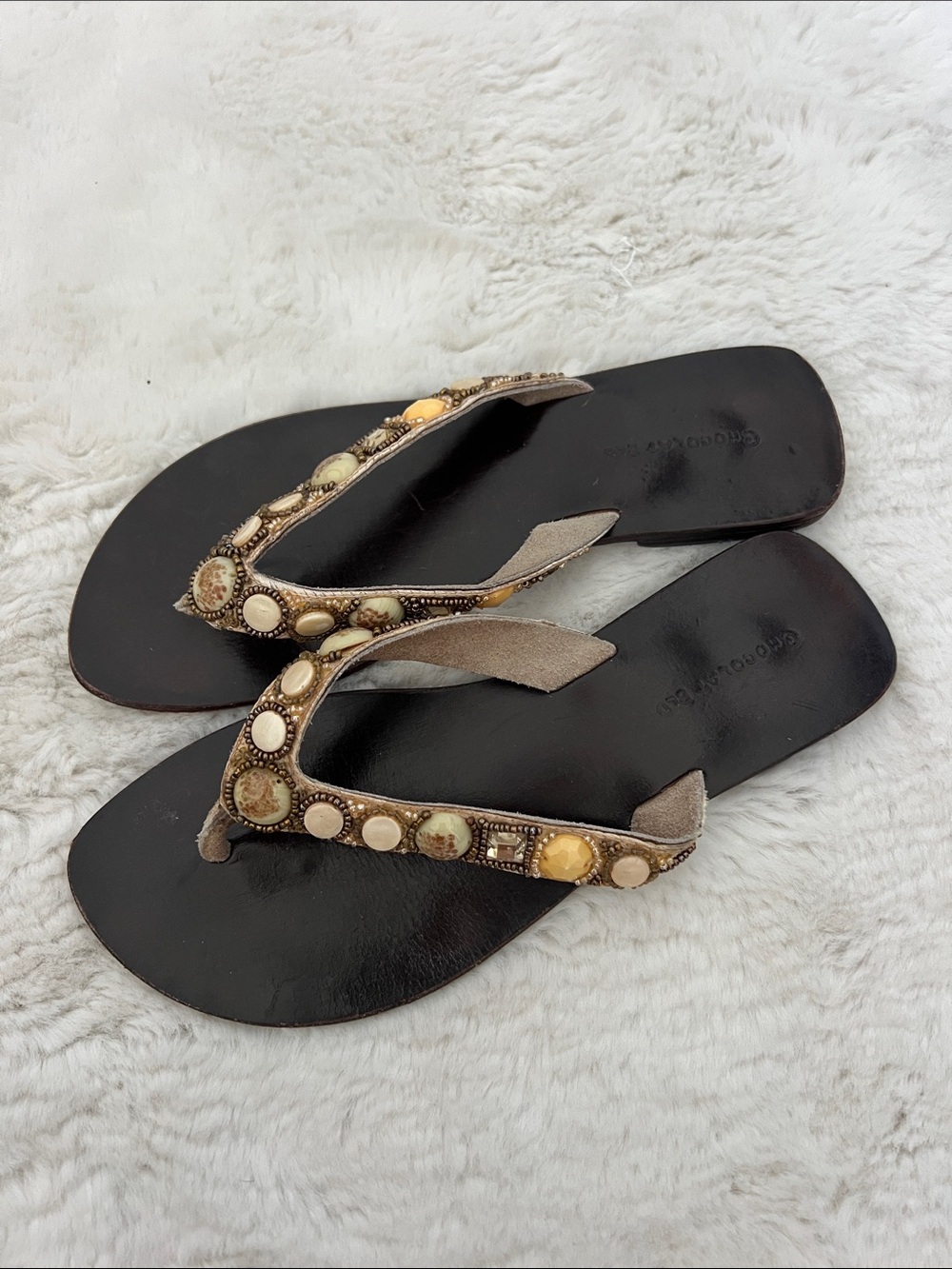 Chocolat Blu, Beaded Embellished Leather Flip Flop Sandals, size 7